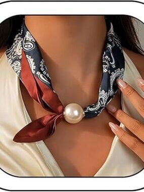 NEW Womens Pearl Scarf Necklace Bandana Necklace with Paisley Pattern Scarf
